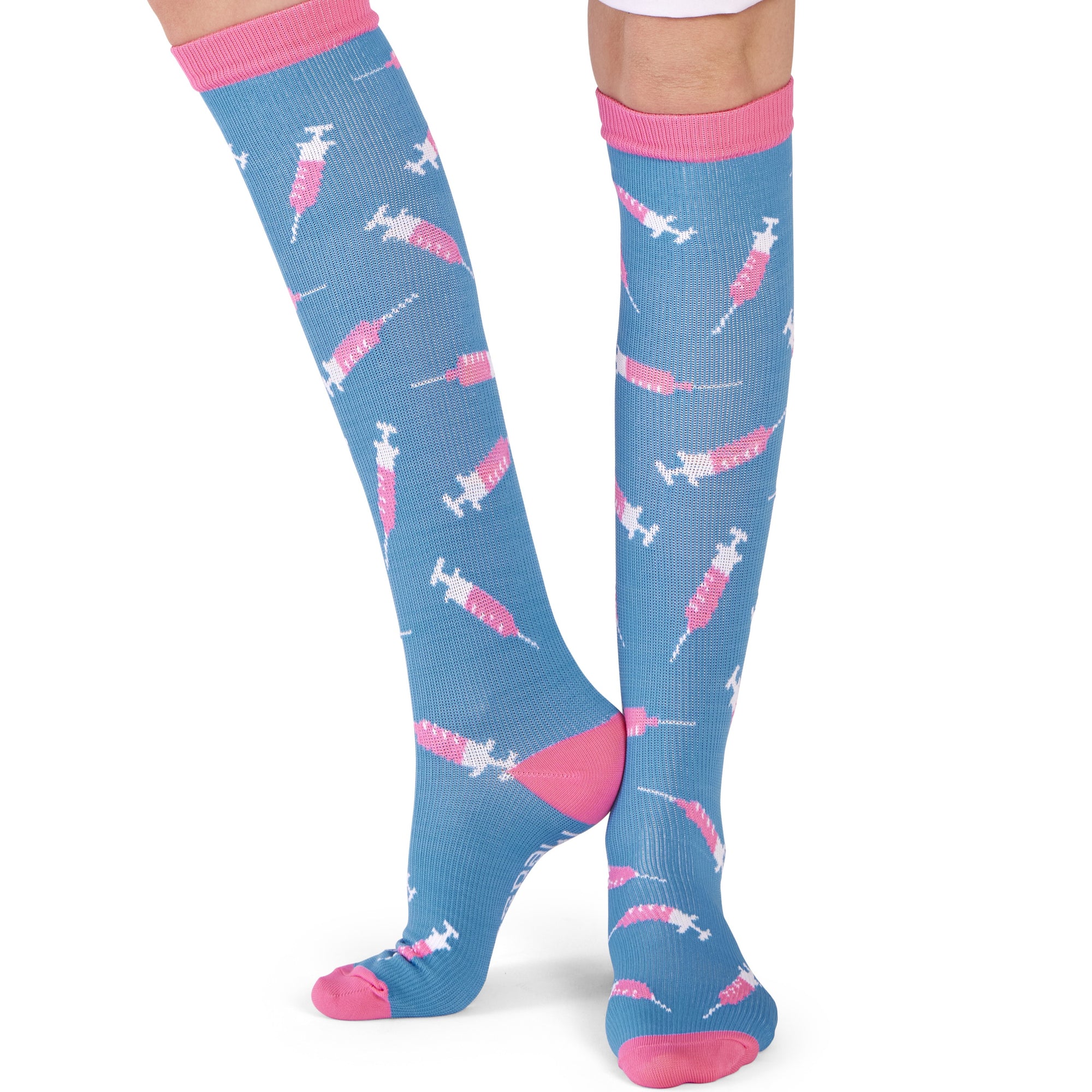 Kompressionsstrümpfe Spritzen blau / pink